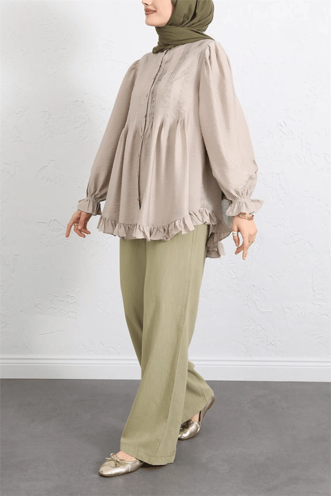 Kolu Lastikli Fırfır Detaylı Beli Bağcıklı Nervürlü Cupra Tunik -Bej-Tunik-307-0109-R56
