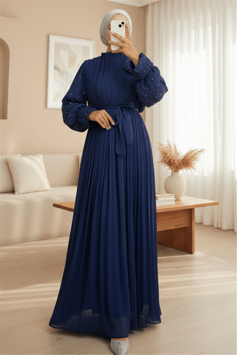 Kolu Lastikli Gül Broşlu Kemerli Janjan Şifon Abiye -Laci-Abiye-316-4765-R03