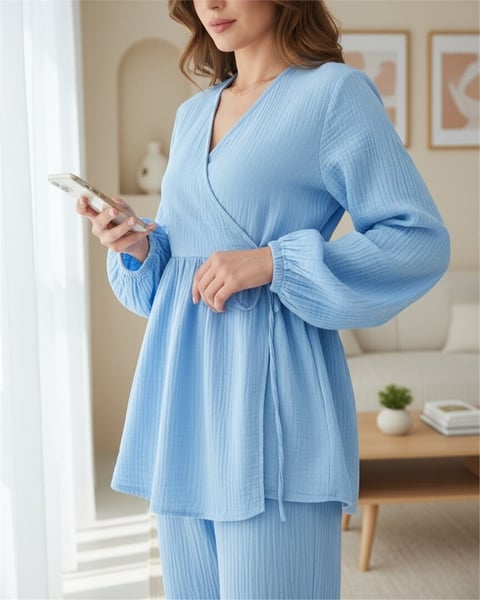 Kolu Lastikli İp Bağcıklı Müslin Takım -Mavi-Takım-307-21542-R31