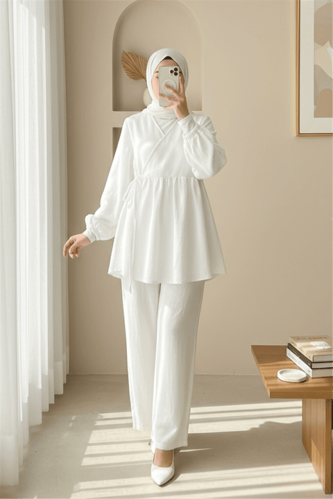 Kolu Lastikli İp Bağcıklı Müslin Takım -Beyaz-Takım-307-21542-R02