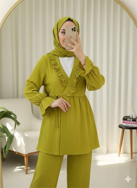 Kolu Lastikli Önü Fırfırlı Bağcıklı Krinkıl Kimono Takım -Yağ Yeşili-Takım-346-3073-R72