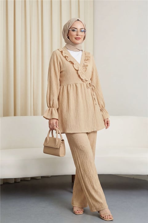 Kolu Lastikli Önü Fırfırlı Bağcıklı Krinkıl Kimono Takım -Vizon-Takım-346-3073-R23