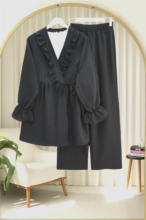 Kolu Lastikli Önü Fırfırlı Bağcıklı Krinkıl Kimono Takım -Siyah-Takım-346-3073-R01