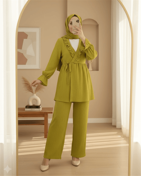 Kolu Lastikli Önü Fırfırlı Bağcıklı Krinkıl Kimono Takım -Yağ Yeşili-Takım-346-3073-R72