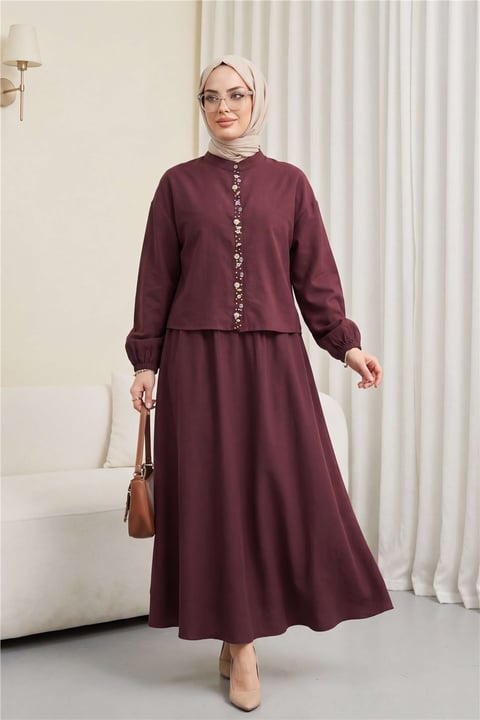 Kolu Lastikli Önü İncili Düğmeli Etekli Modal Takım   -Bordo-Takım-338-14434-R04