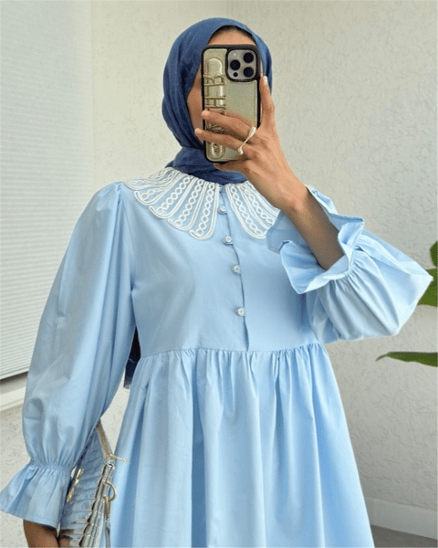 Kolu Lastikli Organze Bebe Yaka Yarım Düğmeli Tunik -Bebe Mavi-Tunik-307-2345-R32