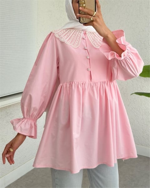 Kolu Lastikli Organze Bebe Yaka Yarım Düğmeli Tunik -Pembe-Tunik-307-2345-R20