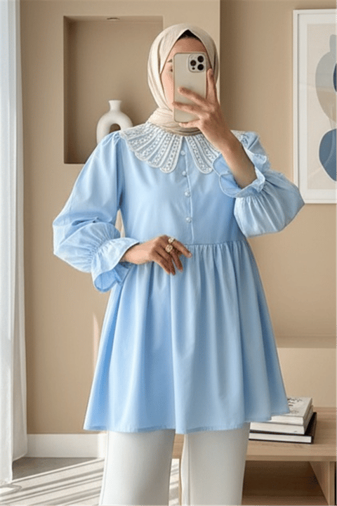 Kolu Lastikli Organze Bebe Yaka Yarım Düğmeli Tunik -Bebe Mavi-Tunik-307-2345-R32