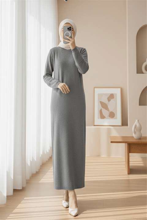 Kolu Lastikli Ponpon Detaylı Triko Elbise -Füme-Elbise-109-0668-R18