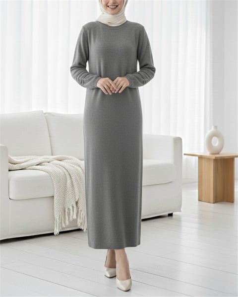 Kolu Lastikli Ponpon Detaylı Triko Elbise -Füme-Elbise-109-0668-R18