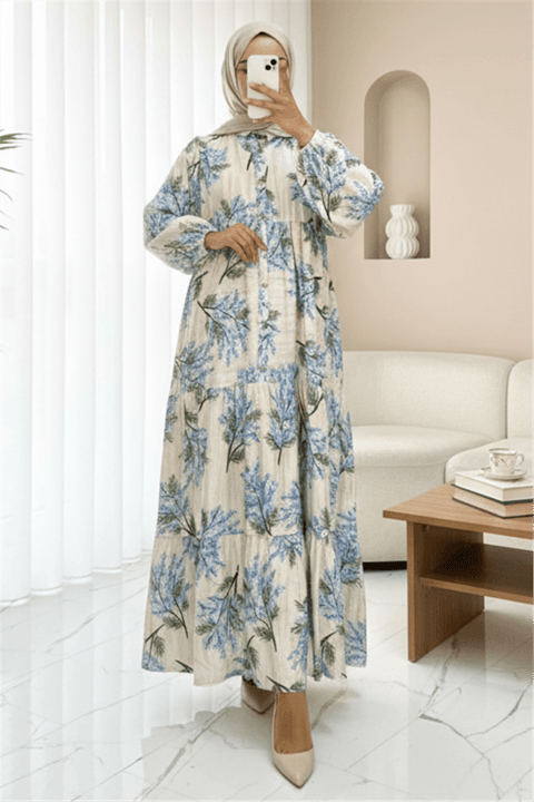 Kolu Lastikli Yarım Düğmeli Desenli Modal Elbise -Mavi-Elbise-197-67865-R31