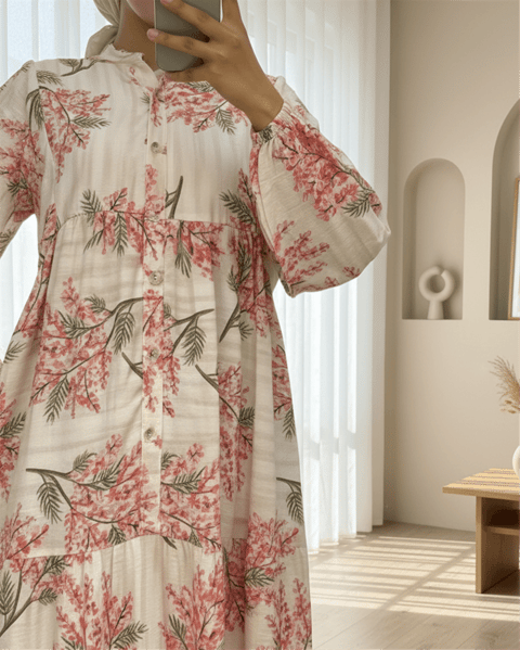 Kolu Lastikli Yarım Düğmeli Desenli Modal Elbise -Nar Çiçeği-Elbise-197-67865-R40