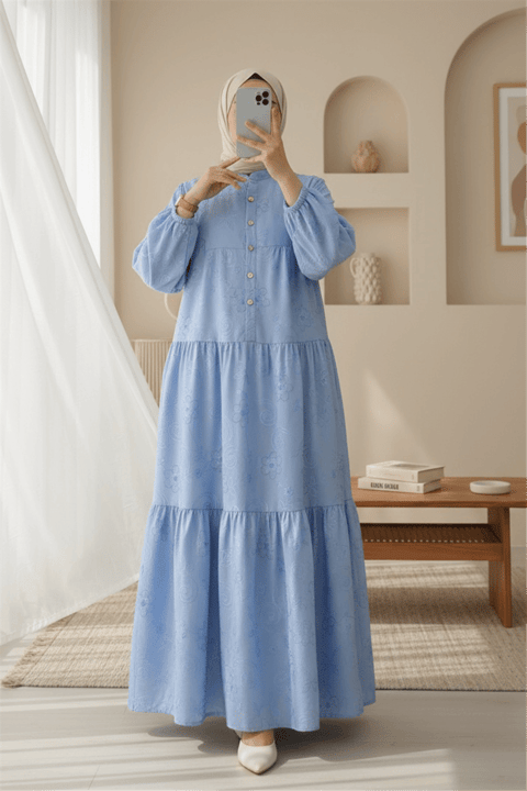 Kolu Lastikli Yarım Düğmeli Jakar Baskılı Parçalı Elbise -Açık Mavi-Elbise-398-3016-R25