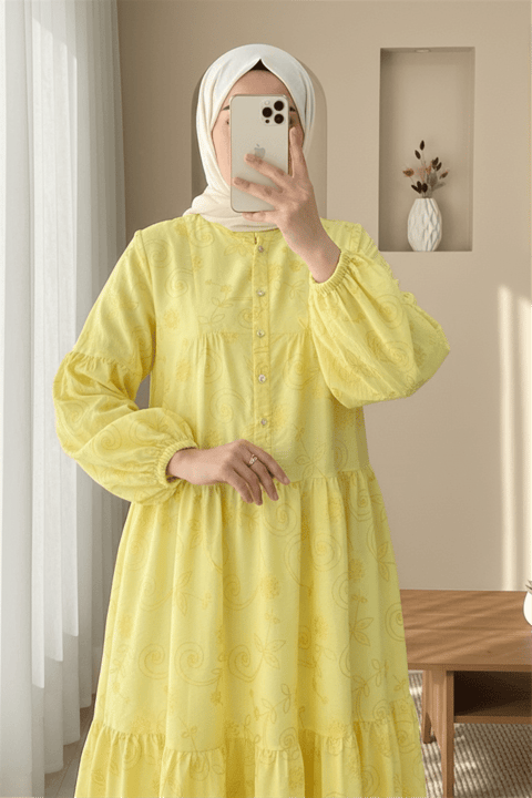 Kolu Lastikli Yarım Düğmeli Jakar Baskılı Parçalı Elbise -Sarı-Elbise-398-3016-R22