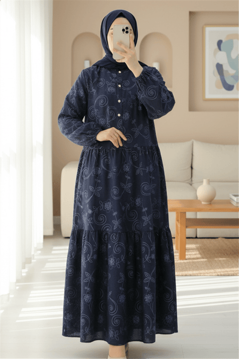Kolu Lastikli Yarım Düğmeli Jakar Baskılı Parçalı Elbise -Laci-Elbise-398-3016-R03
