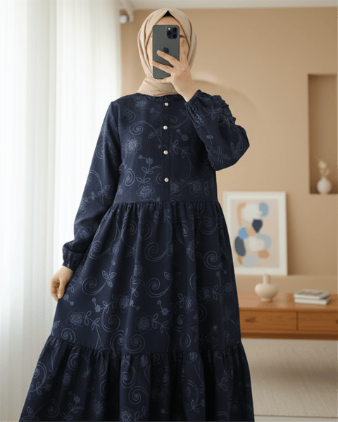 Kolu Lastikli Yarım Düğmeli Jakar Baskılı Parçalı Elbise -Laci-Elbise-398-3016-R03
