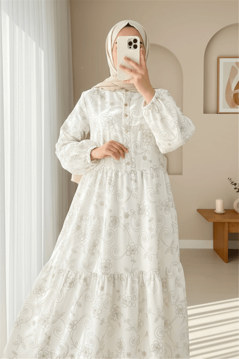 Kolu Lastikli Yarım Düğmeli Jakar Baskılı Parçalı Elbise -Beyaz-Elbise-398-3016-R02