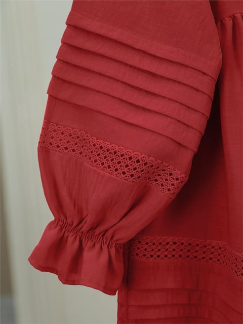 Kolu Lastikli Yarım Düğmeli Tunik -Kırmızı-Tunik-307-2208-R33