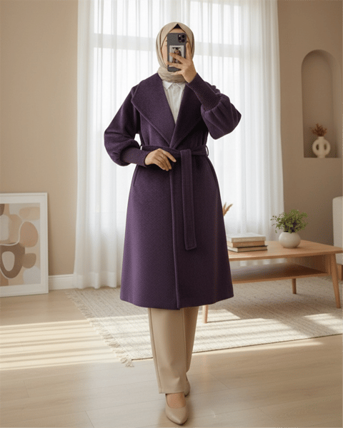 Kolu Ribanalı Şal Yaka Astarlı Kaşe Kaban   -Mürdüm-Kaban-111-50734-R09
