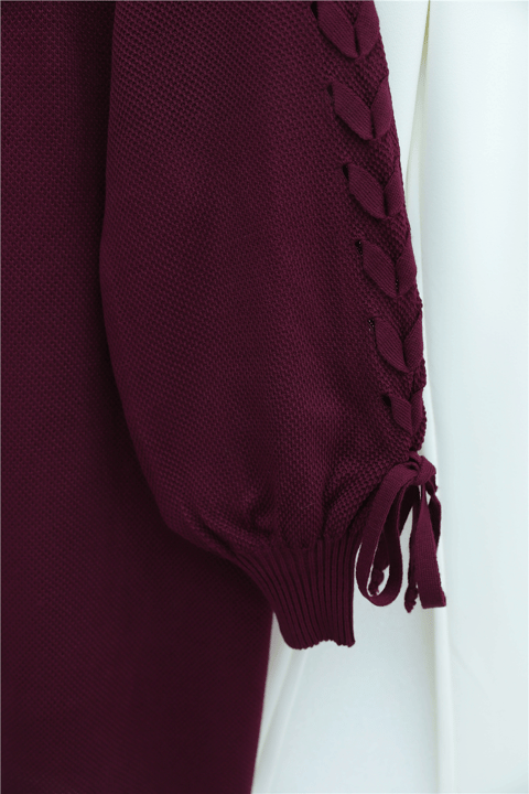 Kolu Saç Örgülü Salaş Triko Hırka -Bordo-Hırka-295-03434-R04