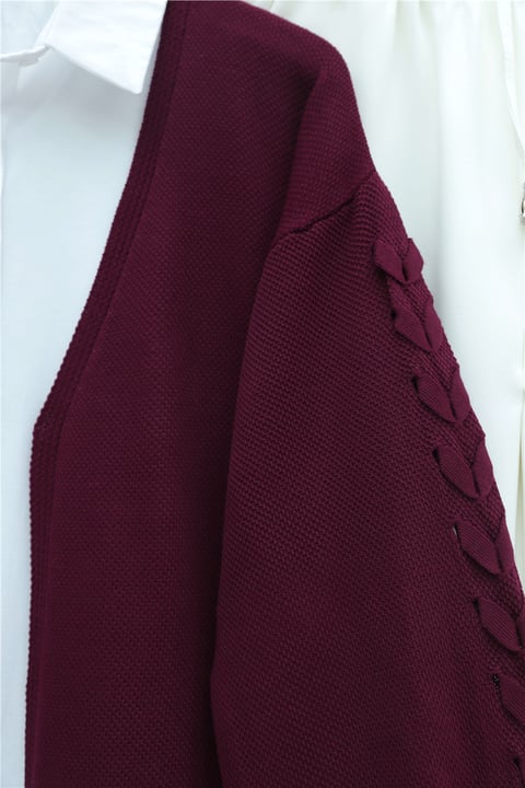 Kolu Saç Örgülü Salaş Triko Hırka -Bordo-Hırka-295-03434-R04