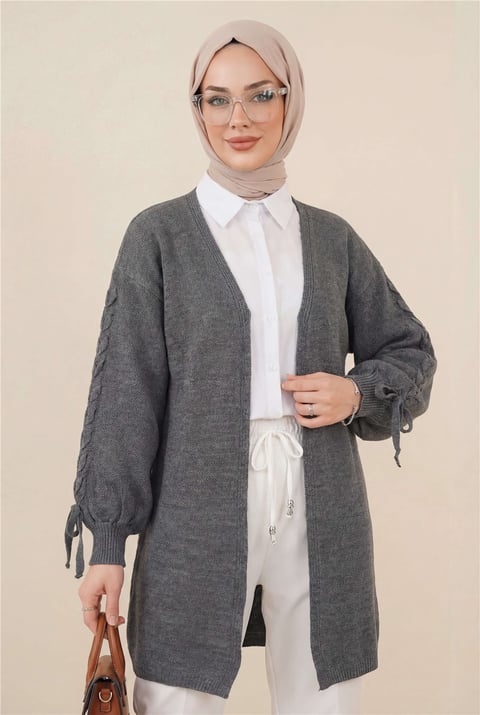 Kolu Saç Örgülü Salaş Triko Hırka -Füme-Hırka-295-03434-R18