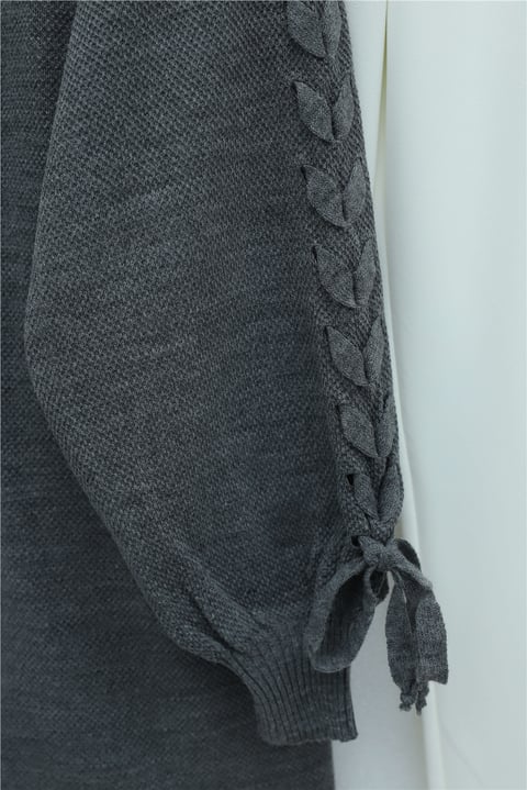 Kolu Saç Örgülü Salaş Triko Hırka -Füme-Hırka-295-03434-R18
