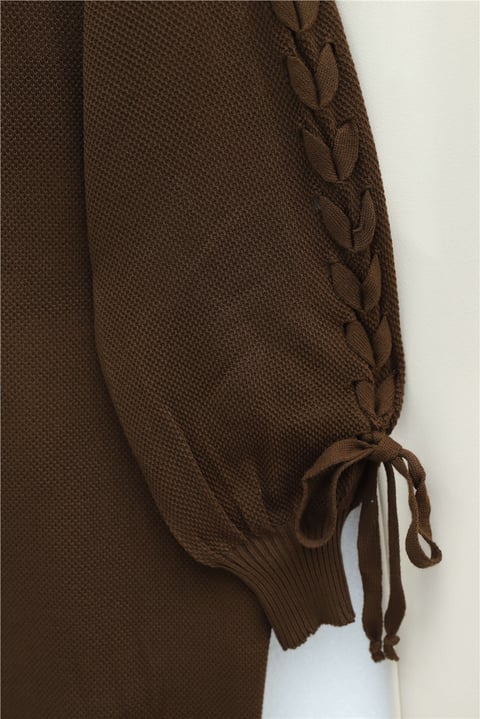 Kolu Saç Örgülü Salaş Triko Hırka -Kahve-Hırka-295-03434-R15