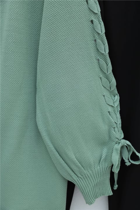 Kolu Saç Örgülü Salaş Triko Hırka -Su Yeşili-Hırka-295-03434-R36