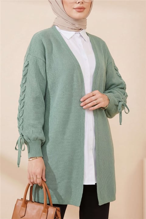 Kolu Saç Örgülü Salaş Triko Hırka -Su Yeşili-Hırka-295-03434-R36