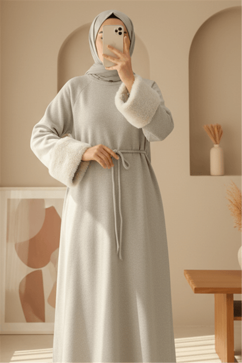 Kolu Tüylu Beli Bağlamalı Uzun Selanik Elbise -Taş-Elbise-253-13130-R43