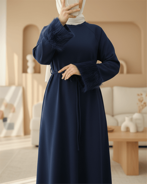 Kolu Tüylu Beli Bağlamalı Uzun Selanik Elbise -Laci-Elbise-253-13130-R03