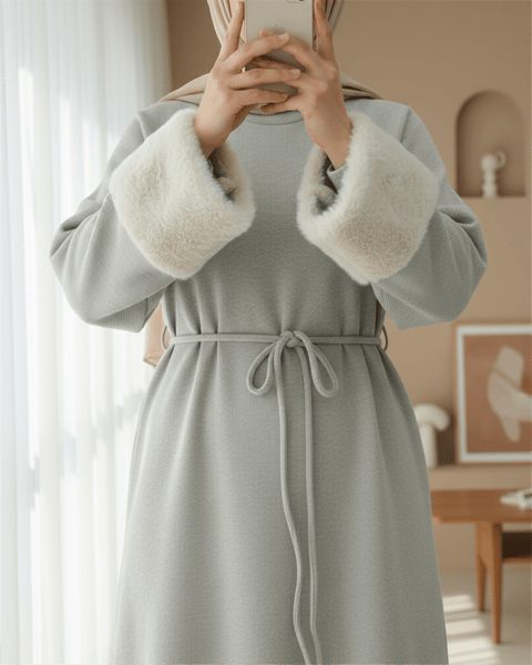 Kolu Tüylu Beli Bağlamalı Uzun Selanik Elbise -Taş-Elbise-253-13130-R43