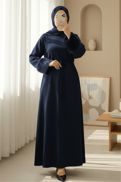 Kolu Tüylu Beli Bağlamalı Uzun Selanik Elbise -Laci-Elbise-253-13130-R03