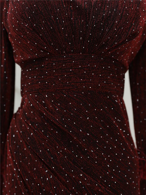 Kolu Tüylü Önü Çift Kuyruklu Abiye -Bordo-Abiye-316-4696-R04