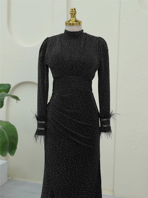Kolu Tüylü Önü Çift Kuyruklu Abiye -Siyah-Abiye-316-4696-R01