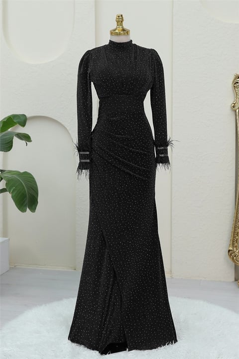 Kolu Tüylü Önü Çift Kuyruklu Abiye -Siyah-Abiye-316-4696-R01