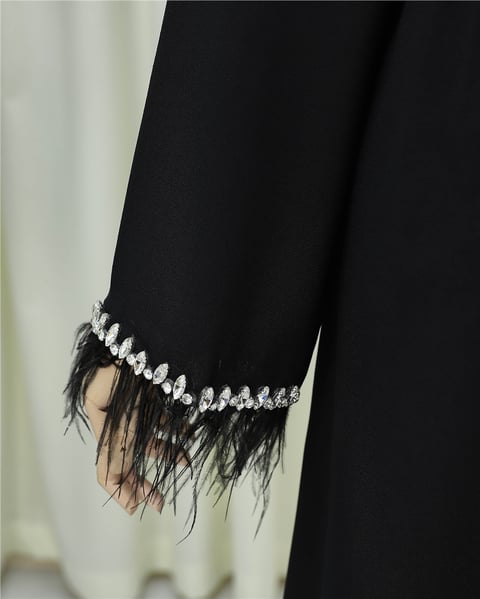 Kolu Tüylü Sıralı Taş Detaylı Kemerli Abaya -Siyah-Abaya-316-4848-R01