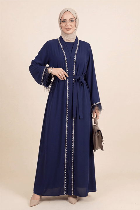 Kolu Tüylü Sıralı Taş Detaylı Kemerli Abaya  -Laci-Abaya-316-4848-R03