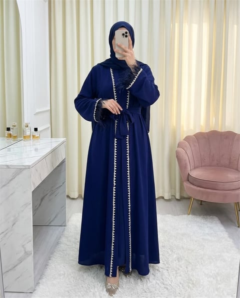 Kolu Tüylü Sıralı Taş Detaylı Kemerli Abaya -Saks-Abaya-316-4848-R10