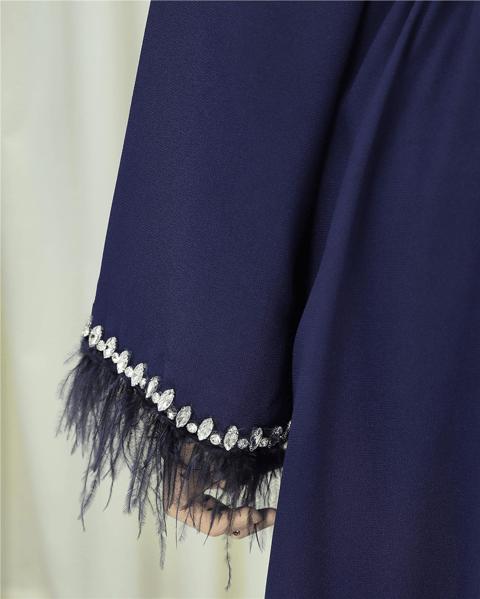 Kolu Tüylü Sıralı Taş Detaylı Kemerli Abaya  -Laci-Abaya-316-4848-R03