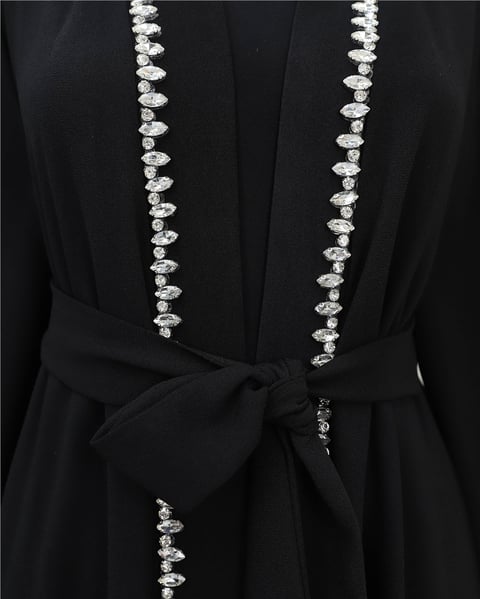 Kolu Tüylü Sıralı Taş Detaylı Kemerli Abaya -Siyah-Abaya-316-4848-R01