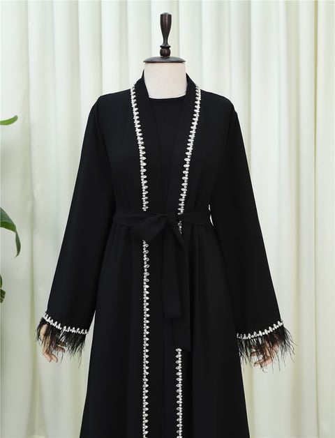 Kolu Tüylü Sıralı Taş Detaylı Kemerli Abaya -Siyah-Abaya-316-4848-R01