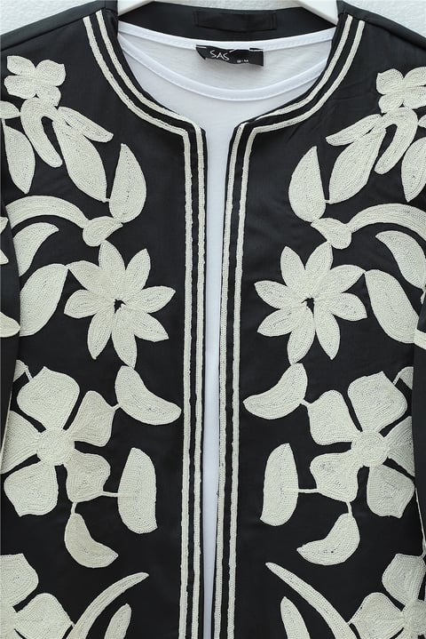 Kolu Ve Önü Nakışlı Astarlı Ceket -Siyah-Ceket-118-3909-R01