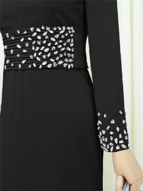 Korse Kemerli Taşlı Saten Abiye  -Siyah-Abiye-316-4640-R01