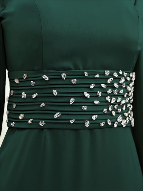 Korse Kemerli Taşlı Saten Abiye  -Zümrüt-Abiye-316-4640-R17