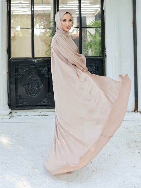 Krinkıl İpek Saten 3'lü Abaya Takım -Bej-Saten Abiye-286-1453-R56