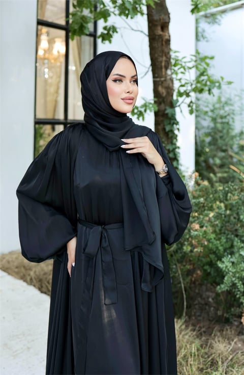 Krinkıl İpek Saten 3'lü Abaya Takım -Siyah-Saten Abiye-286-1453-R01