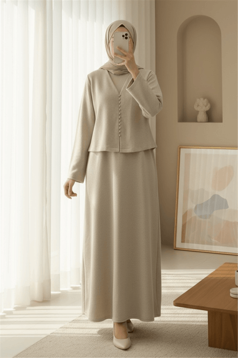 Krop Ceketli Selanik Elbise Takım  -Bej-Elbise-253-12977-R56