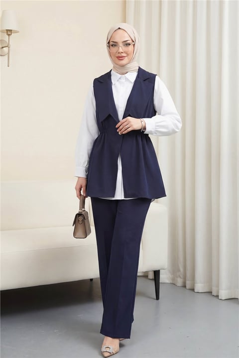 Kruvaze Yaka Beli Lastikli Yelek Pantolon Modal Takım  -Laci-Takım-398-22024-R03